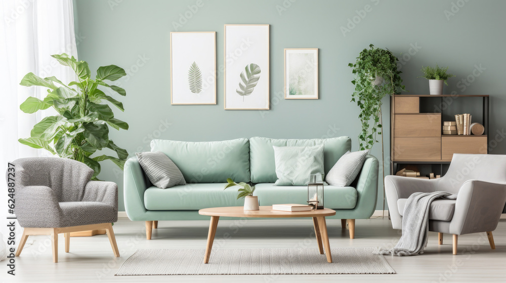 Fototapeta premium Stylish scandinavian living room interior with design mint sofa, furnitures, mock up poster map, plants, and elegant personal accessories. Home decor. Interior design.