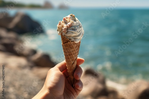 man holding ice cream cone, closeup. Summer vacation