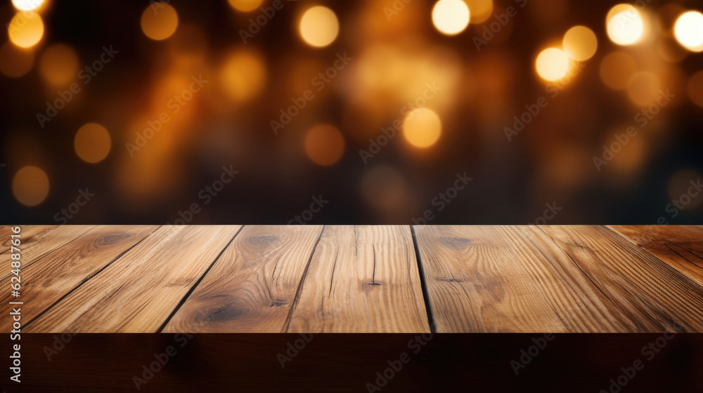 Wooden table, blurred bokeh background background. Neon light, night view, close-up. The general background of the interior, a dark background. Wooden table, blurred bokeh background background. Neon light, night view, close-up. The general background of the interior, a dark background.