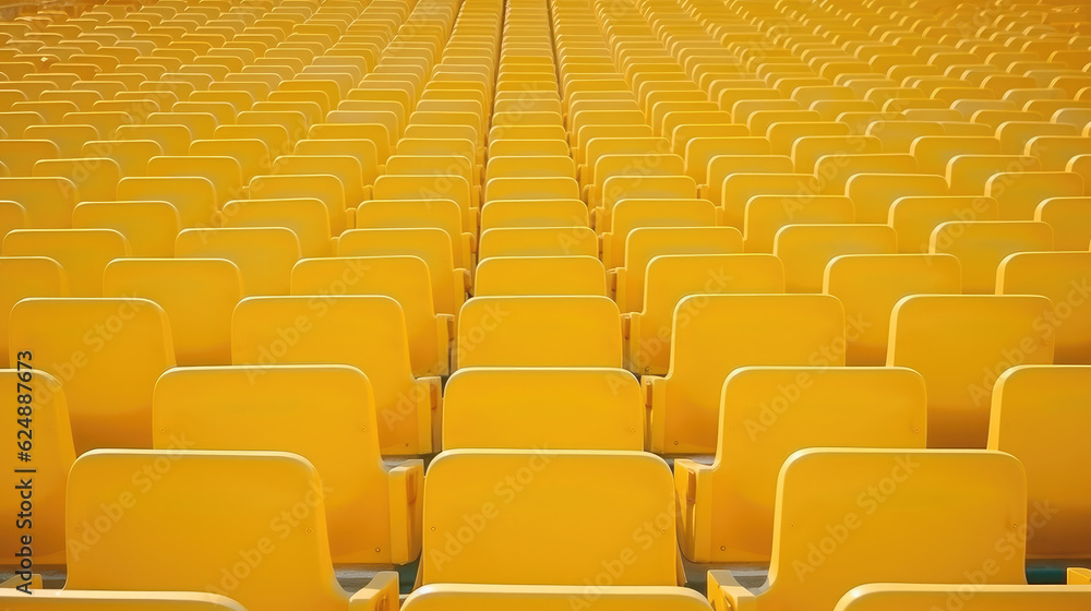 Fototapeta premium Yellow tribunes. seats of tribune on sport stadium. empty outdoor arena. concept of fans. chairs for audience. cultural environment concept. color and symmetry. empty seats. modern stadium
