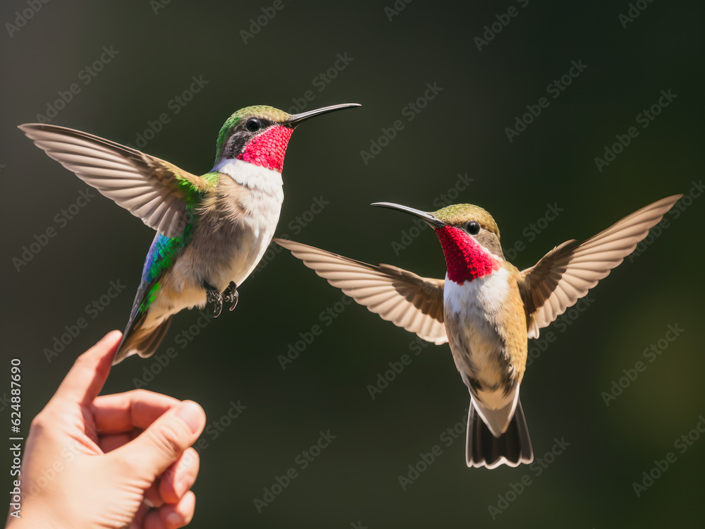 Fototapeta premium Digital wildlife photo of a Hummingbird flying over the blissful lake. Wildlife concept of ecological environment. Generative AI