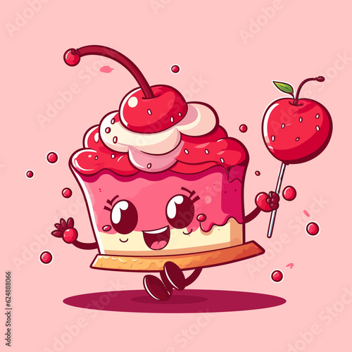 Cartoon cupcake with eyes. Cupcake with cherry. Vector illustration