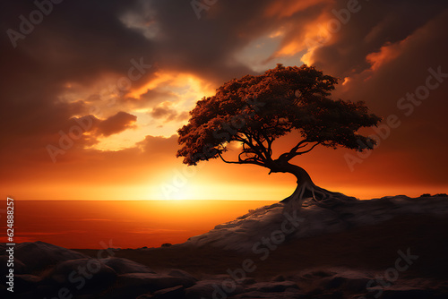 A striking silhouette of a lone tree standing against a dramatic sunset, a symbol of strength and resilience.