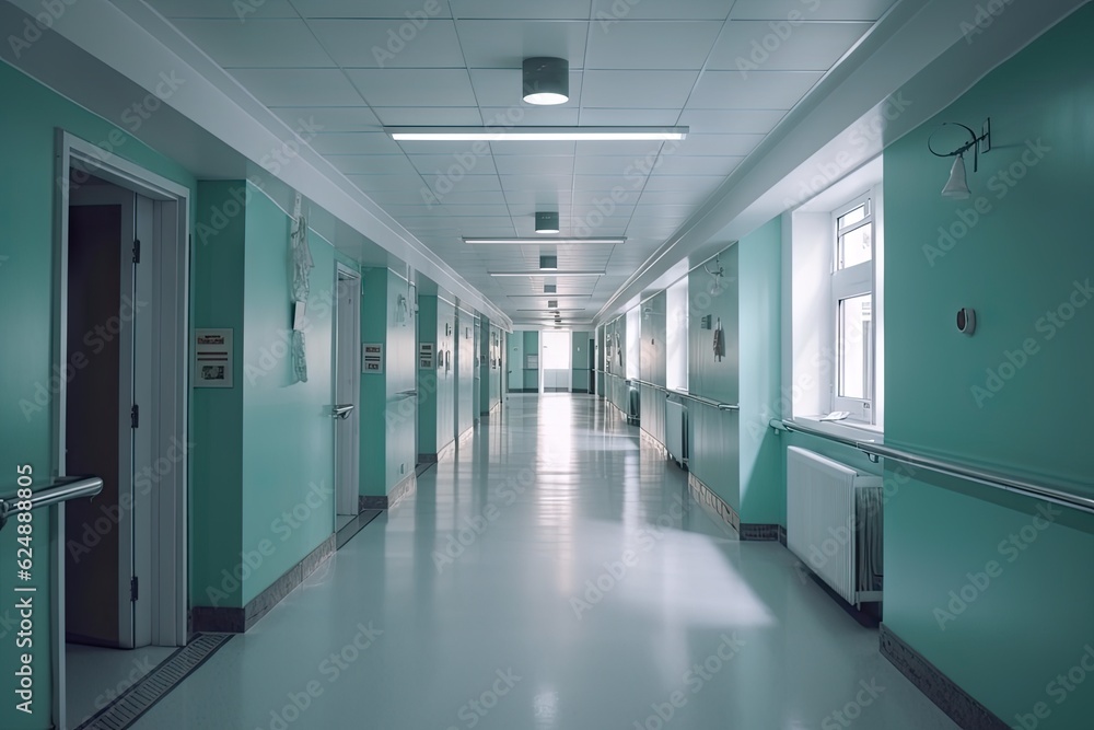 Blue Hospital Corridor. Nobody Background with Blur and Copy Space Blue Hospital Corridor. Nobody Background with Blur and Copy Space