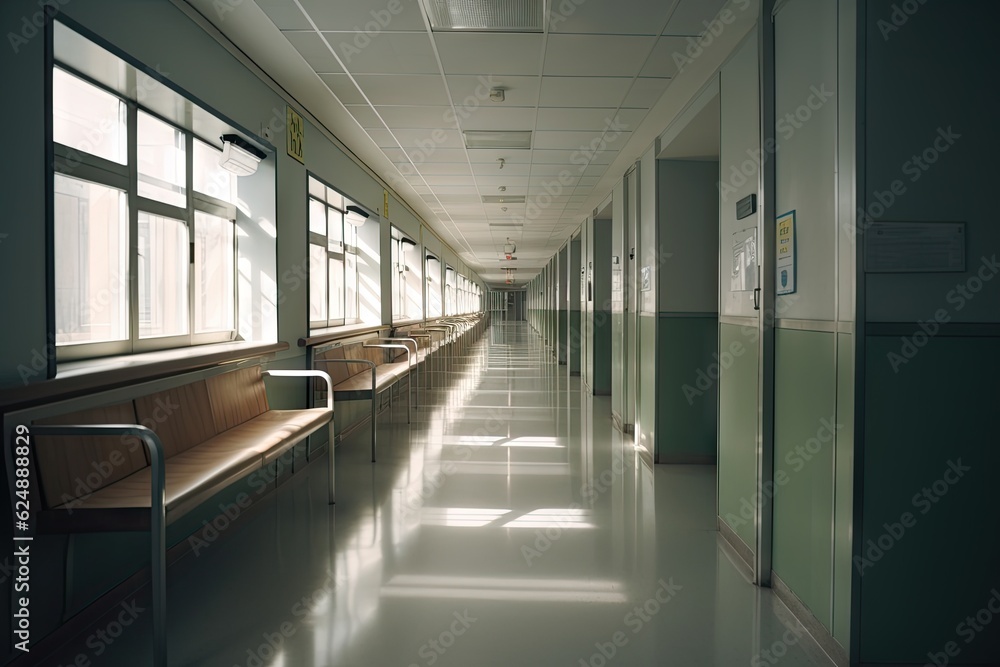 Obraz premium Blue Hospital Corridor. Nobody Background with Blur and Copy Space