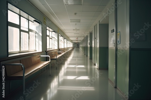 Blue Hospital Corridor. Nobody Background with Blur and Copy Space