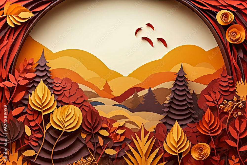 Generative AI illustration of Wallpaper papercut autumn scenes with copyscape with autumn colors background