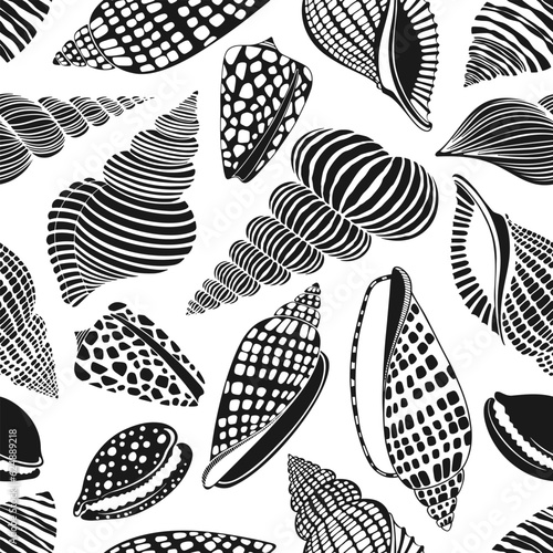 Seamless vector pattern with  seashells. Nature art background. Black silhouettes on white. Perfect for wallpaper, wrapping, fabric and textile.