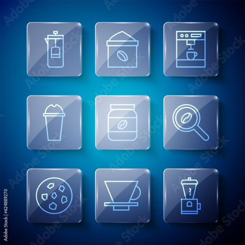 Set line Cookie or biscuit, V60 coffee maker, Electric grinder, Coffee machine, jar bottle, Milkshake, French press and Selection beans icon. Vector