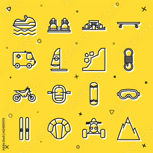 Set line Mountains, Ski goggles, Climber rope, Formula 1 racing car, Windsurfing, Ambulance and emergency, Jet ski and Landslide icon. Vector