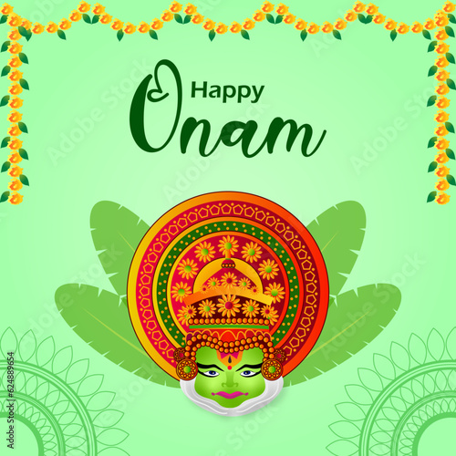 Happy Onam festival background. Kerala festival vector background with kathakali face. photo