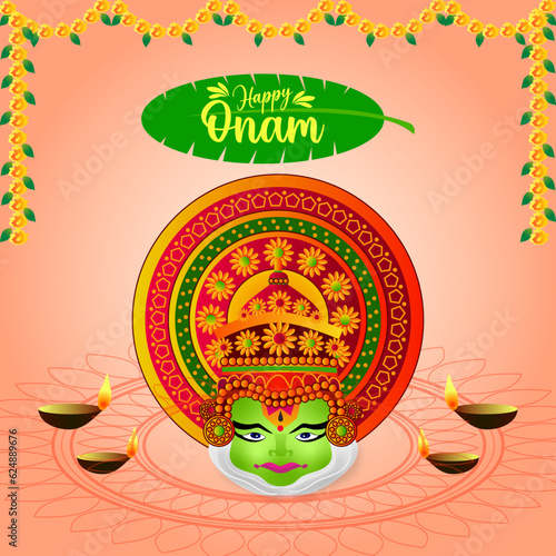 Happy Onam festival background. Kerala festival vector background with kathakali face. photo