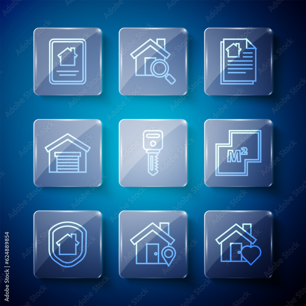 Set line House under protection, Location with house, heart shape, contract, key, Garage, Online real estate and plan icon. Vector Set line House under protection, Location with house, heart shape, contract, key, Garage, Online real estate and plan icon. Vector