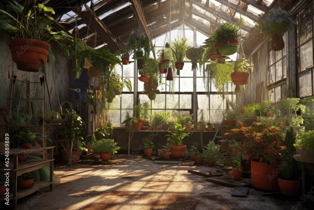 greenhouse interior with hanging plants and terracotta pots, created with generative ai