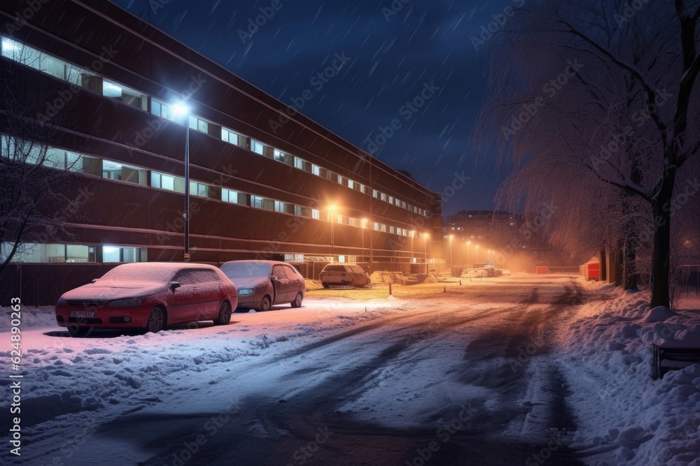snowy car park illuminated by soft streetlights, created with generative ai