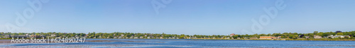 Panoramic view of the seashore and residential area from Fort Adams State Park in Newport, Rhode Island