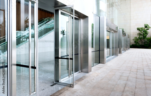 Glass door of modern office building