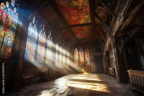 sunlight streaming through stained glass onto ceiling  created with generative ai