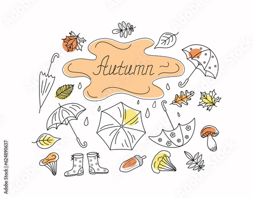 Autumn set of umbrellas, leaves, mushrooms, rubber boots. Rain, leaf fall. Doodle style vector illustration. Contour drawings. Background white isolated.
