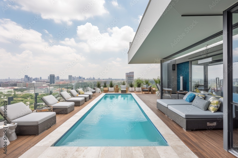 high-rise with rooftop pool and lounging area, surrounded by breathtaking city views, created with generative ai