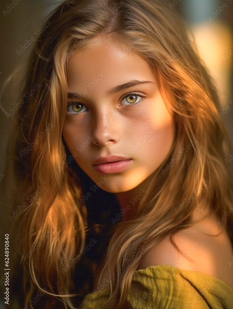 Portrait eines hübschen ernsten jungen Mädchens, Teenager, Generative AI