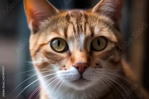 close-up of a cat's face, with its eyes and whiskers in focus, created with generative ai