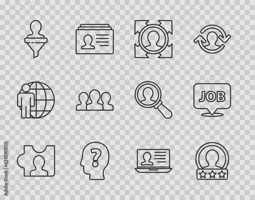 Set line Head hunting, Create account screen, with question mark, Users group, Laptop resume and Speech bubble job icon. Vector