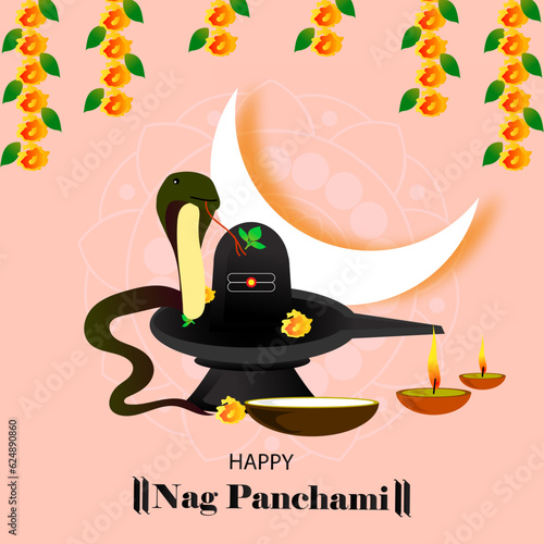 Happy Nag panchami vector illustration. Shivling and naga background, greeting, poster, celebration, vector design. photo