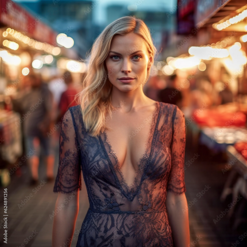 Schönen Frau auf der Straße in einer nächtlichen Stadt mit Lichtern in einem verführerischen Kleid. Generative AI