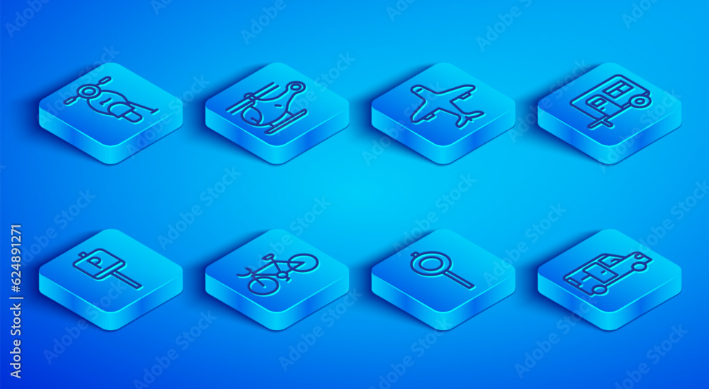 Set line Scooter, Helicopter, Plane, Bicycle, Road traffic signpost, Rv Camping trailer, Parking and Minibus icon. Vector Set line Scooter, Helicopter, Plane, Bicycle, Road traffic signpost, Rv Camping trailer, Parking and Minibus icon. Vector