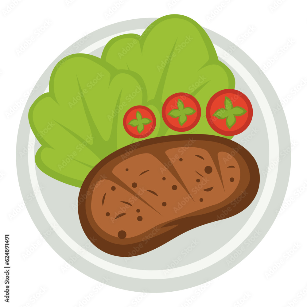Grilled meat with tomato slices and salad leaves Grilled meat with tomato slices and salad leaves