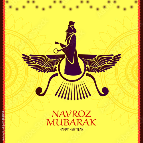 Navroz mubarak. Parsi New Year vector greeting with zoroastrian symbol. Vector greeting, poster, card. photo