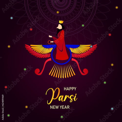 Navroz mubarak. Parsi New Year vector greeting with zoroastrian symbol. Vector greeting, poster, card. photo