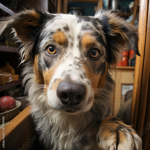 dog selfie taken with paw in house, cute puppy, background wallpaper image photo