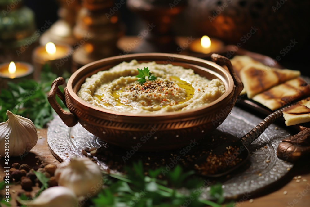Baba ghanouj on a marble background. generative ai Baba ghanouj on a marble background. generative ai