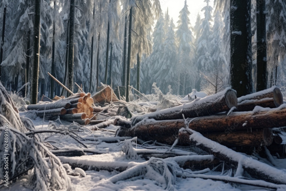 snow-covered forest with fallen trees ready for chopping, created with generative ai snow-covered forest with fallen trees ready for chopping, created with generative ai