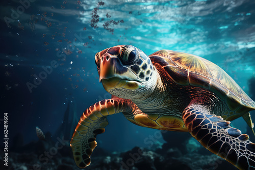 Close-up of an adult turtle swimming underwater. Underwater world, portrait of an aquatic turtle in the depths of the blue ocean. Wallpaper tropical animal world.