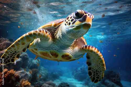 Close-up of an adult turtle swimming underwater. Underwater world, portrait of an aquatic turtle in the depths of the blue ocean. Wallpaper tropical animal world. © SnowElf