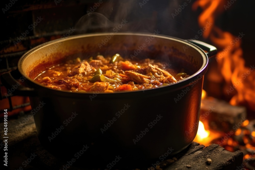 glowing embers beneath a pot of simmering jambalaya, created with generative ai