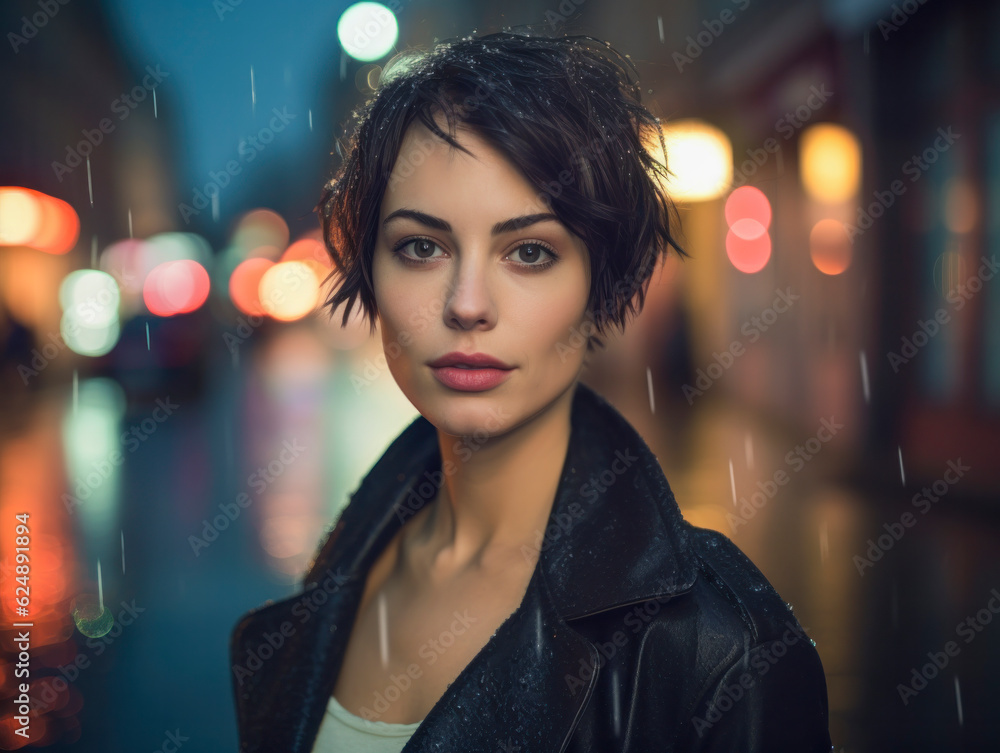 Porträt einer schönen Frau auf der Straße in einer nächtlichen Stadt mit Lichtern, regnerisches Wetter. Generative AI Porträt einer schönen Frau auf der Straße in einer nächtlichen Stadt mit Lichtern, regnerisches Wetter. Generative AI