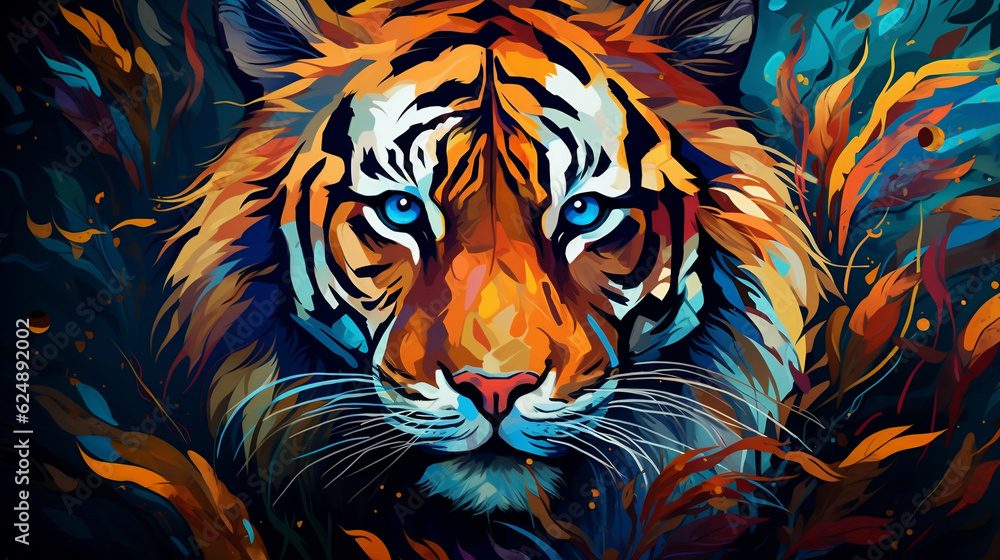 Abstract fantasy Bengal tiger in blue, orange, and gold. Big jungle cat. Feline portrait carnivore, Generative Ai Abstract fantasy Bengal tiger in blue, orange, and gold. Big jungle cat. Feline portrait carnivore, Generative Ai