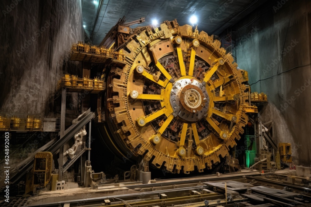 side view of tunnel boring machine with exposed gears, created with generative ai