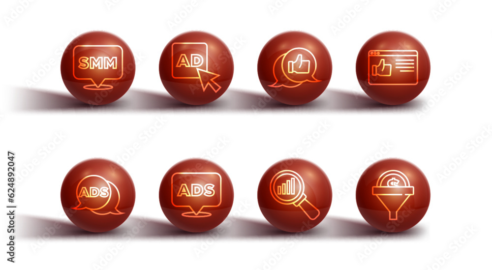 Set line Social media marketing, Advertising, Browser window, Magnifying glass and analysis, Lead management and Customer product rating icon. Vector Set line Social media marketing, Advertising, Browser window, Magnifying glass and analysis, Lead management and Customer product rating icon. Vector