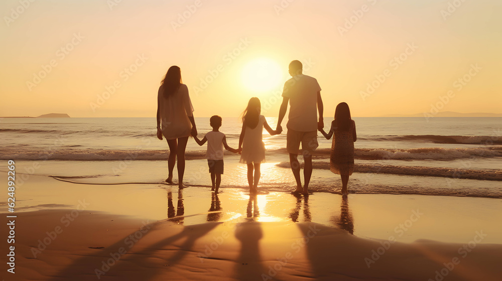 family silhouette on beach with sea waves, sunset on the horizon and holding hands for development wellness, support and love.  AI generative image
