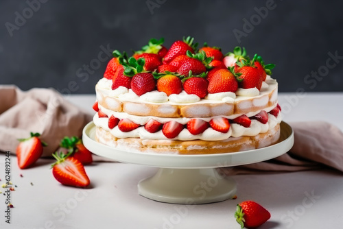 Delicious strawberry cake with fresh berries and cream. Generative AI.	