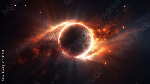 Abstract planet eclipse in space. Alien worlds with glowing lens flares. Sun and moon solar flares, Generative Ai
