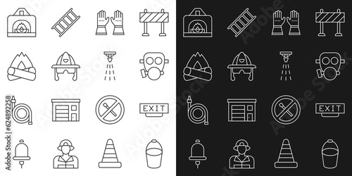 Set line Fire bucket, exit, Gas mask, Firefighter gloves, helmet, Campfire, Interior fireplace and sprinkler icon. Vector