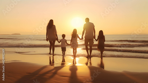 family silhouette on beach with sea waves, sunset on the horizon and holding hands for development wellness, support and love.  AI generative image © Naige