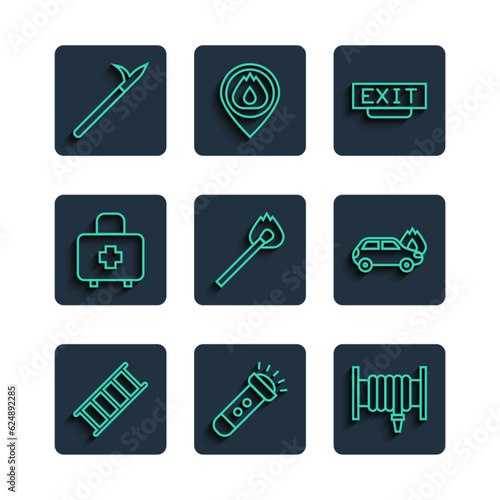 Set line Fire escape, Flashlight, hose reel, exit, Burning match with fire, First aid kit, Metal pike pole and car icon. Vector