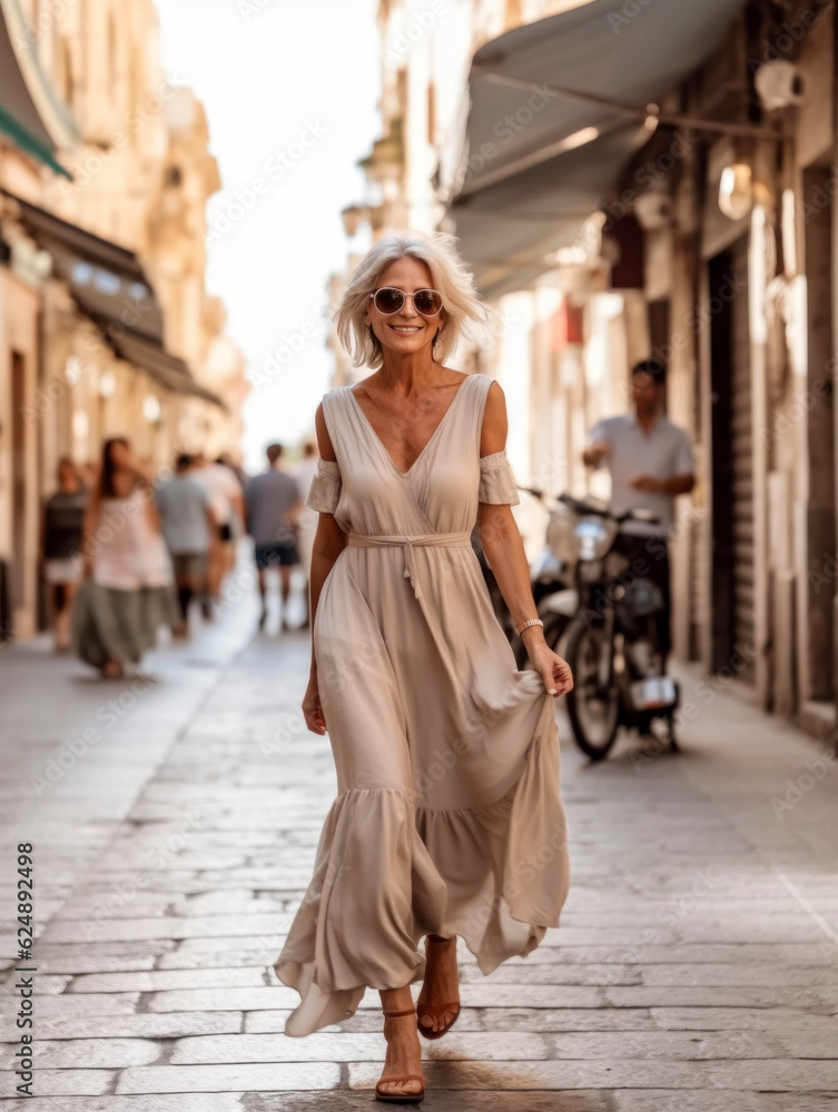 Schöne Frau in sommerlicher Kleidung beim shoppen in der Stadt, Generative AI